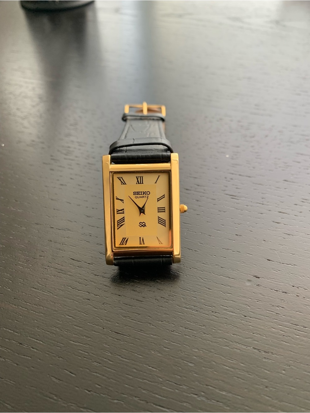 Vintage Seiko Tank watch Gold dial Gold Bezel with Black Strap